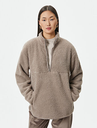 Polar Pijama Üstü Yarım Fermuarlı Dik Yaka Cepli