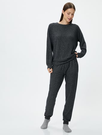 Pijama Üstü Bisiklet Yaka Uzun Kollu Viskon Karışımlı