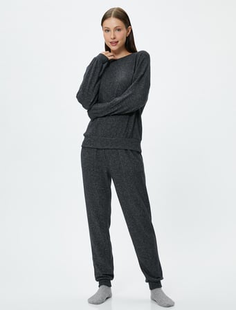 Pijama Üstü Bisiklet Yaka Uzun Kollu Viskon Karışımlı