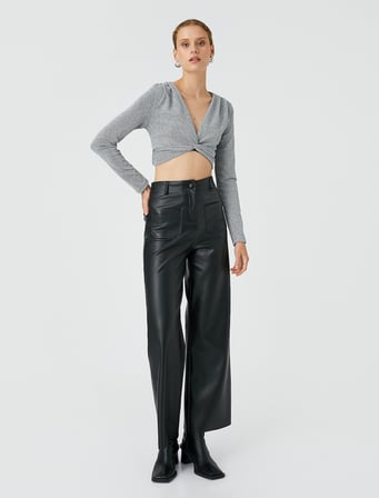 Crop Bluz V Yaka Büzgülü Uzun Kollu