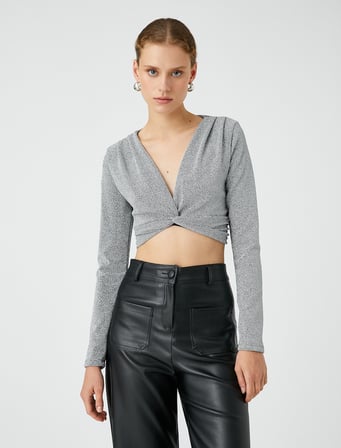 Crop Bluz V Yaka Büzgülü Uzun Kollu