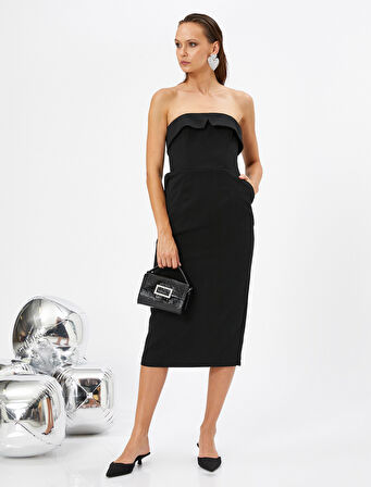 Straplez Elbise Midi Cepli Dar Kesim