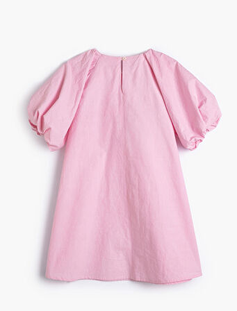 Elbise Kısa Balon Kollu, Çiçek Aplike Detaylı Rahat Kesim