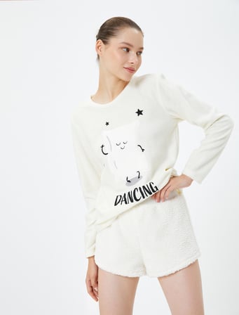 Peluş Mini Pijama Şort Beli Lastikli Rahat Kesim