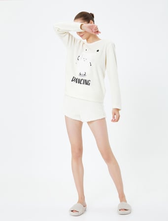 Peluş Mini Pijama Şort Beli Lastikli Rahat Kesim