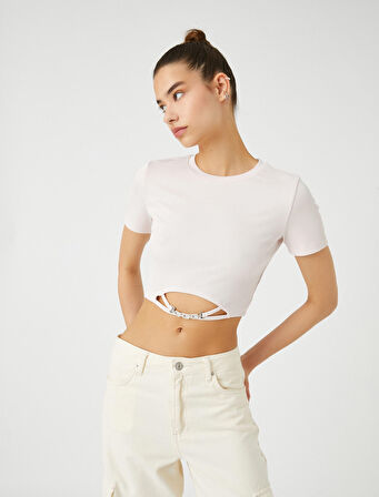Crop Tshirt Kısa Kollu Bisiklet Yaka Metal Aksesuarlı