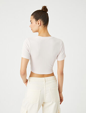 Crop Tshirt Kısa Kollu Bisiklet Yaka Metal Aksesuarlı