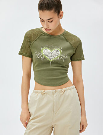 Crop Tişört Baskılı File Detaylı Bisiklet Yaka Pamuklu