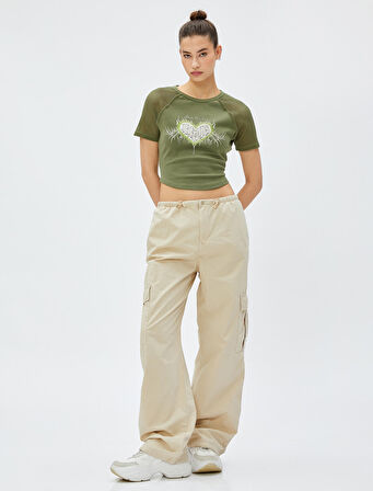 Crop Tişört Baskılı File Detaylı Bisiklet Yaka Pamuklu