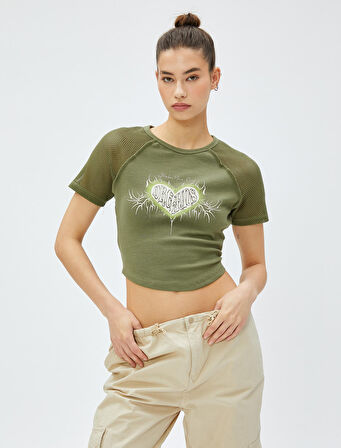 Crop Tişört Baskılı File Detaylı Bisiklet Yaka Pamuklu