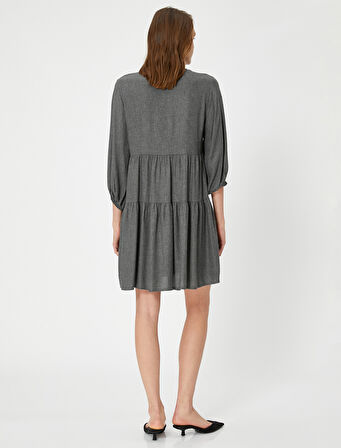 Mini Elbise V Yaka Balon Kollu Volanlı Pamuklu