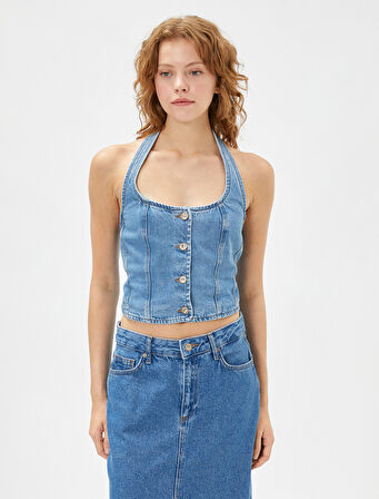 Kot Yelek Crop Halter Yaka Düğmeli Nervürlü Pamuklu