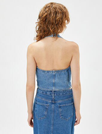 Kot Yelek Crop Halter Yaka Düğmeli Nervürlü Pamuklu