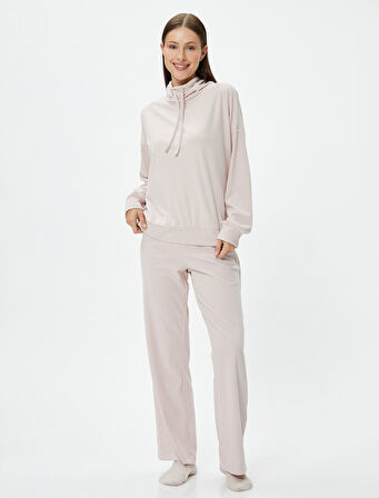 Boğazlı Bağlamalı Pijama Üst Kaşkorse Yumuşak Dokulu Uzun Kollu