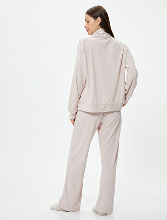 Boğazlı Bağlamalı Pijama Üst Kaşkorse Yumuşak Dokulu Uzun Kollu