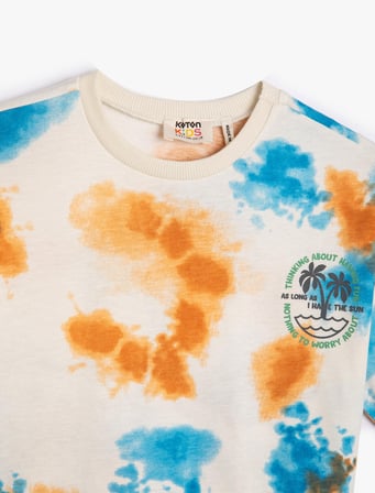 Oversize Tişört Batik Desenli Arkası Palmiye Baskılı Kısa Kollu Pamuklu