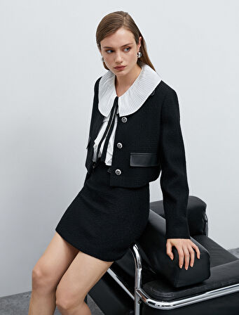 Crop Tüvit Ceket Suni Deri Detaylı