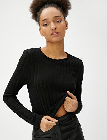 Uzun Kollu Tişört Dar Kesim Bisiklet Yaka Ajurlu