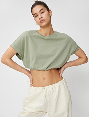 Crop Tişört Bisiklet Yaka Kısa Kollu Beli Lastikli