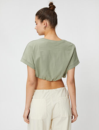 Crop Tişört Bisiklet Yaka Kısa Kollu Beli Lastikli