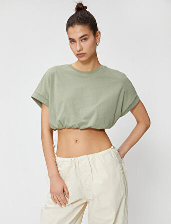 Crop Tişört Bisiklet Yaka Kısa Kollu Beli Lastikli