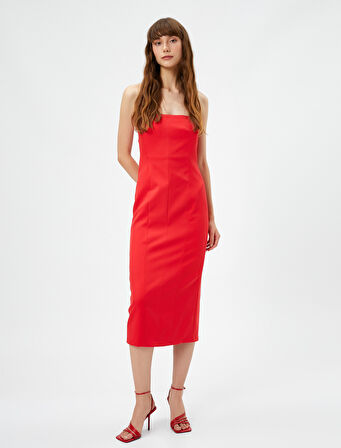 Straplez Abiye Elbise Midi Boy Yırtmaç Detaylı