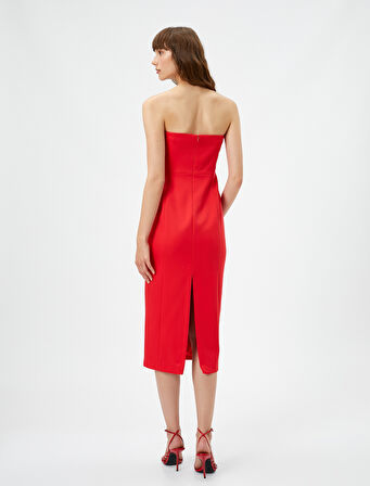 Straplez Abiye Elbise Midi Boy Yırtmaç Detaylı