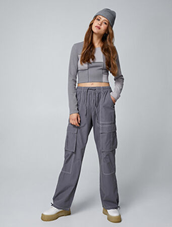 Uzun Kollu Tişört Crop Bisiklet Yaka Renk Bloklu Fitilli