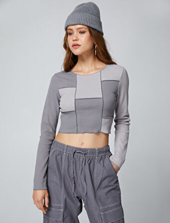 Uzun Kollu Tişört Crop Bisiklet Yaka Renk Bloklu Fitilli