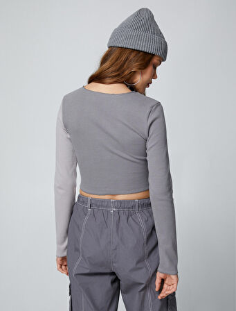 Uzun Kollu Tişört Crop Bisiklet Yaka Renk Bloklu Fitilli