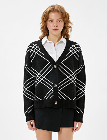 Örgü Hırka V Yaka Ribanalı Düğmeli Uzun Kollu