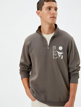 Yarım Fermuarlı Sweatshirt Slogan Baskılı Dik Yaka Şardonlu