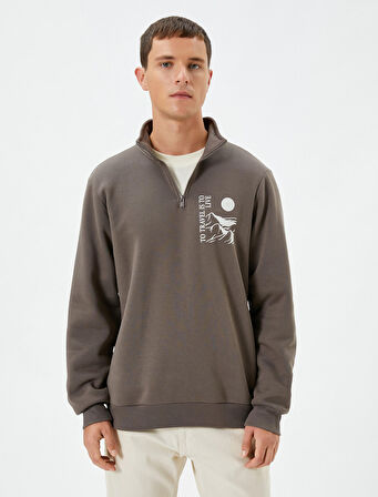 Yarım Fermuarlı Sweatshirt Slogan Baskılı Dik Yaka Şardonlu