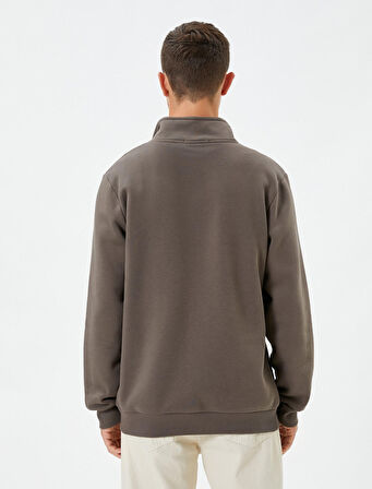 Yarım Fermuarlı Sweatshirt Slogan Baskılı Dik Yaka Şardonlu