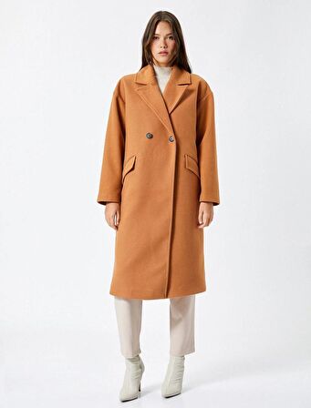 Koton Kadın Uzun Kaşe Kaban Kruvaze Düğmeli Cep Detaylı 4WAK00143EW