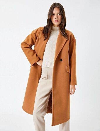 Koton Kadın Uzun Kaşe Kaban Kruvaze Düğmeli Cep Detaylı 4WAK00143EW