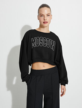 Crop Spor Sweat Baskılı Relax Fit