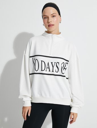 Spor Sweatshirt Yarım Fermuarlı Slogan Baskılı Oversize