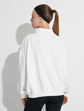 Spor Sweatshirt Yarım Fermuarlı Slogan Baskılı Oversize