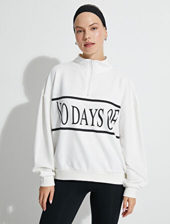 Spor Sweatshirt Yarım Fermuarlı Slogan Baskılı Oversize