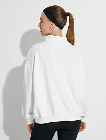 Spor Sweatshirt Yarım Fermuarlı Slogan Baskılı Oversize