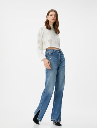 Crop Sweatshirt Ajurlu Uzun Kollu