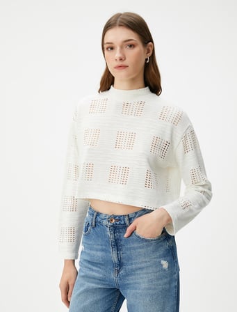 Crop Sweatshirt Ajurlu Uzun Kollu