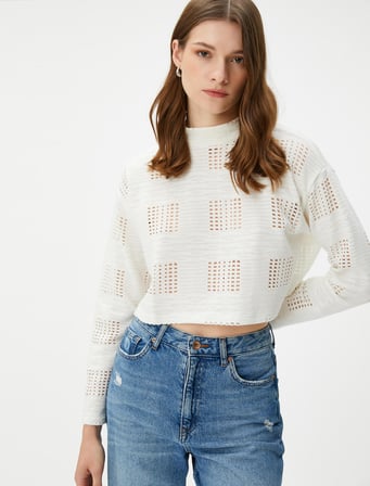 Crop Sweatshirt Ajurlu Uzun Kollu