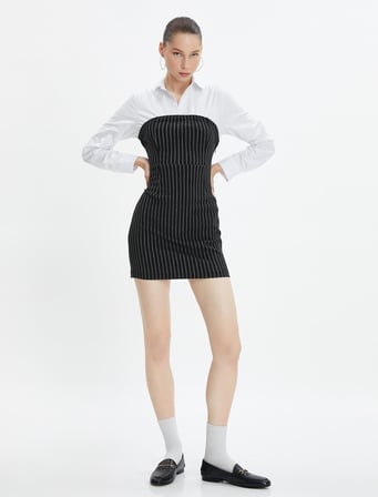 Mini Elbise Straplez Görünümlü Gömlek Üst Detaylı Slim Fit