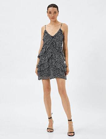 Fırfırlı Puantiyeli Elbise Şifon Mini İnce Askılı V Yaka Astarlı