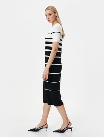 Midi Triko Elbise Kısa Kollu Bisiklet Yaka Bodycon