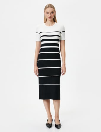 Midi Triko Elbise Kısa Kollu Bisiklet Yaka Bodycon