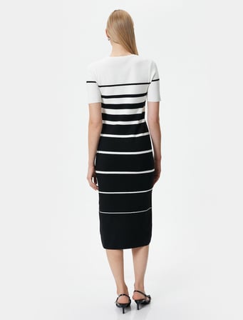 Midi Triko Elbise Kısa Kollu Bisiklet Yaka Bodycon