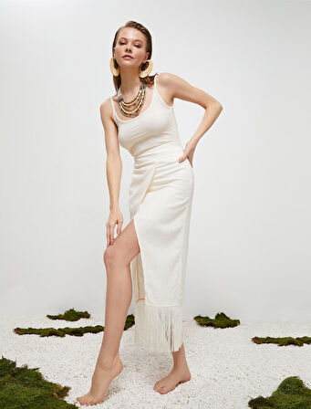 Şahika Ercümen X Koton - Püsküllü Keten Karışımlı Anvelop Midi Etek